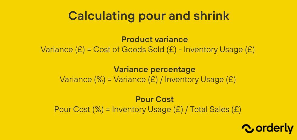  Product variance | Variance (£) = Cost of Goods Sold (£) - Inventory Usage (£)  Variance percentage | Variance (%) = Variance (£) / Inventory Usage (£)  Pour Cost | Pour Cost (%) = Inventory Usage (£) / Total Sales (£)