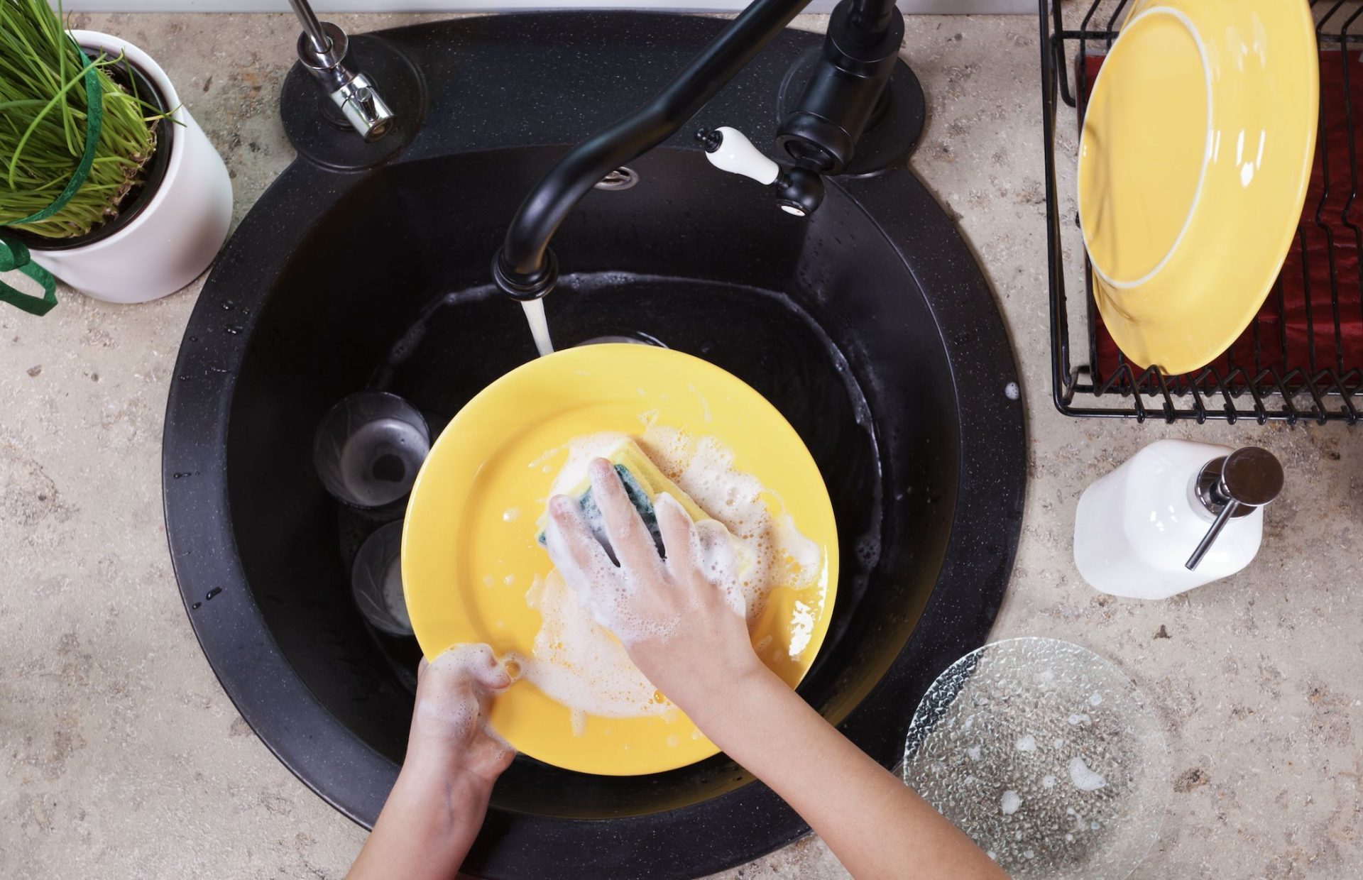 An image of someone washing plates that match the Orderly colour scheme