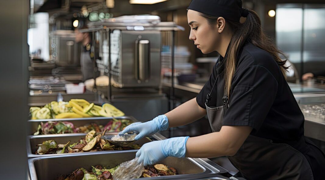 A chef in a professional kitchen, sorting through trays of food waste while wearing gloves and a black chef's uniform.