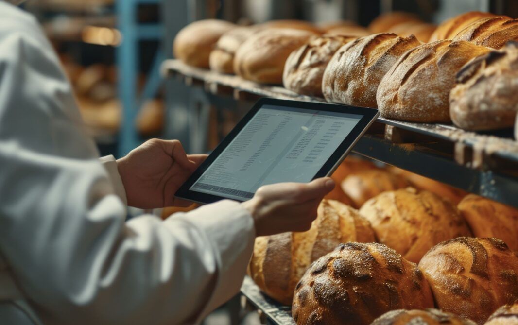 "Inventory management in a bakery: A professional baker in white chef's attire is standing in a bakery surrounded by freshly baked loaves of bread. With focused attention, the baker is using a digital tablet displaying an inventory list to manage stock and ensure the quality and availability of bakery items for customers